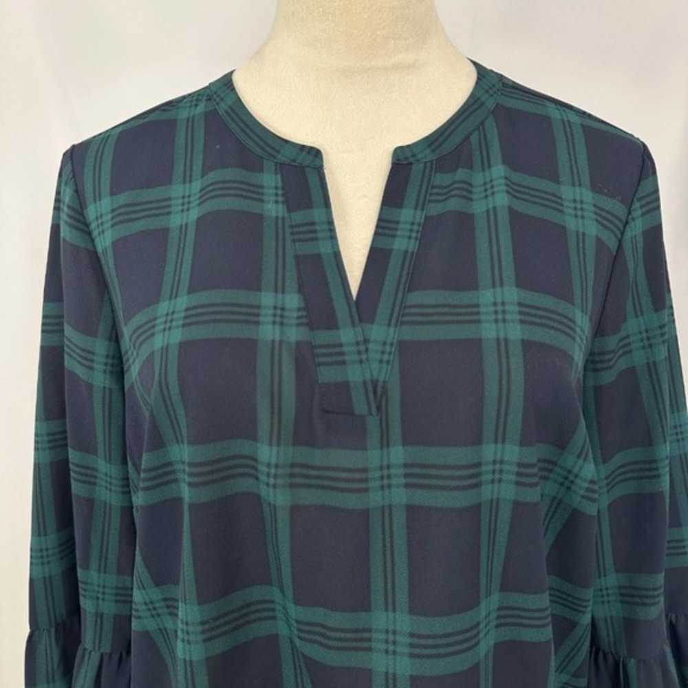 J.Crew Plaid Blouse Bell Sleeve Top V-Neck Career Casual Green Blue Women Medium - Picture 2 of 9